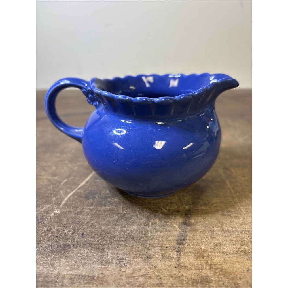 Vtg Blue Scalloped Edge Creamer With Handle Floral Detail USA